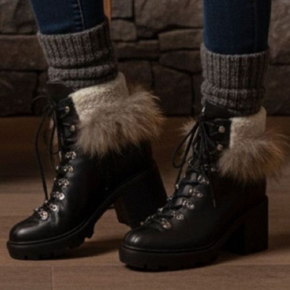 Black Leather Fur Trim Lace Up Hiker Boot Sigerson Morrison Size 40.5 EU